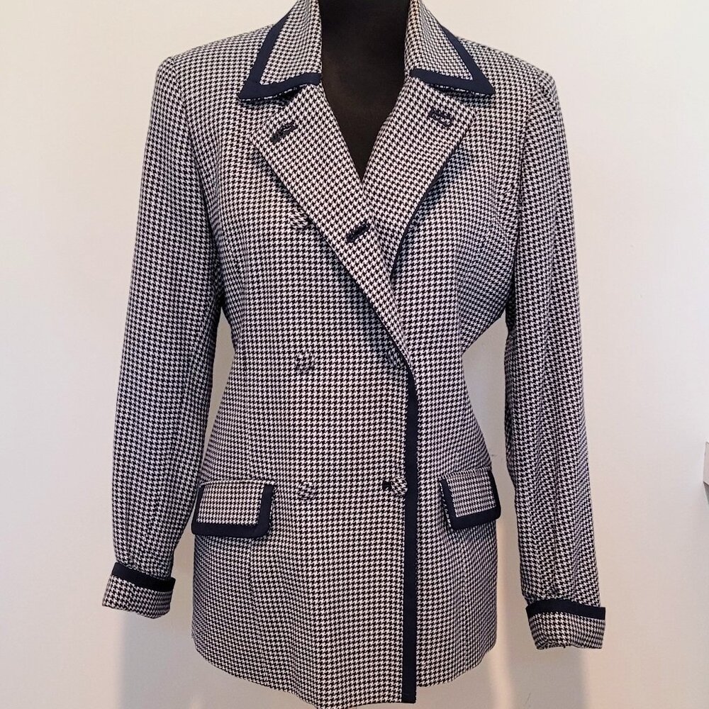 Vintage Classic Halston Navy & White Houndstooth Blazer Size 6